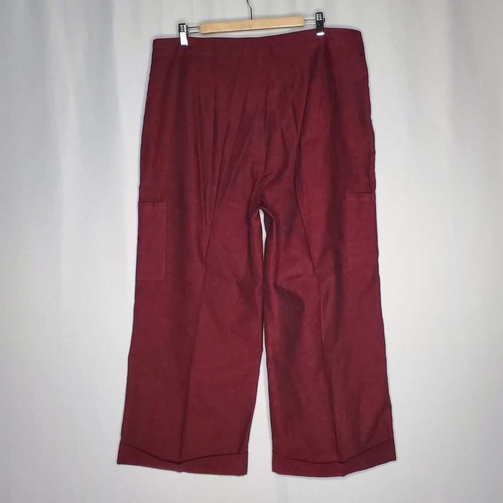 Caran NY Crop Wide Leg Pants Women 2X Red Linen Cotton Cargo Artsy Lagenlook - Picture 2 of 10